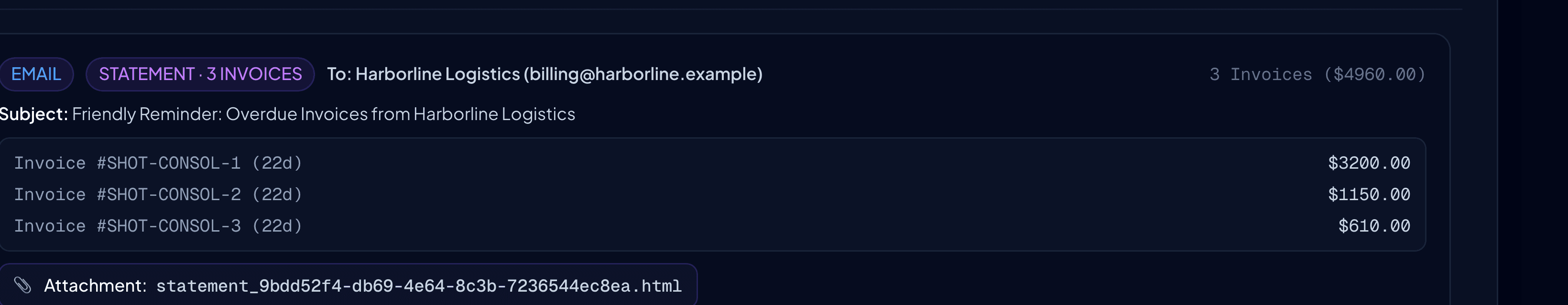 RecoupAR review queue showing a consolidated Statement of Account card grouping 3 invoices for one customer